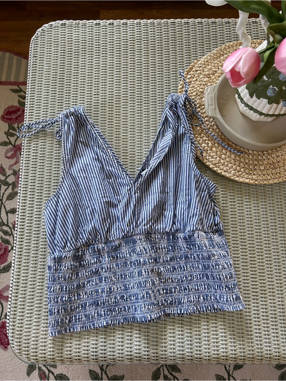 Old Navy Blue and White Striped V-Neck Tie-Shoulder Camisole